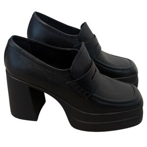 Steve Madden Perry Black Leather Chunky Heel Loafer Slip-in Platforms 10